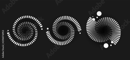 Circular spiral sound wave, rhythm with lines and circles. Radial dynamic pulsating circle. Vector illustration.