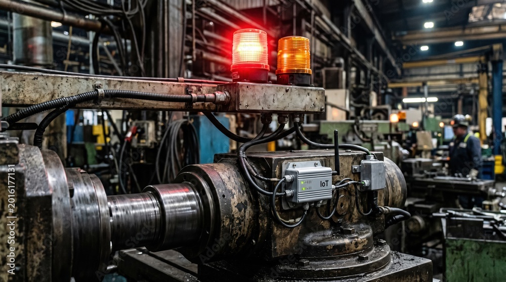Fototapeta premium Closeup medium shot of warning lights above industrial equipment activated by IoT sensors detecting abnormal wear and vibration trends for proactive tool maintenance.