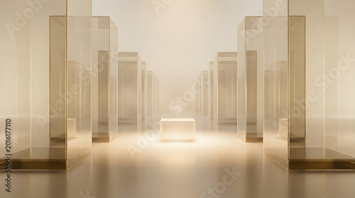 Futuristic Minimal Hallway with Transparent Glass Columns and Warm Light