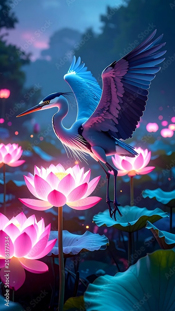 Obraz premium Majestic Heron Flying Over Glowing Pink Lotus Flowers In A Mystical Pond At Night Vibrant Digital Illustration With Neon Blue And Pink Lighting