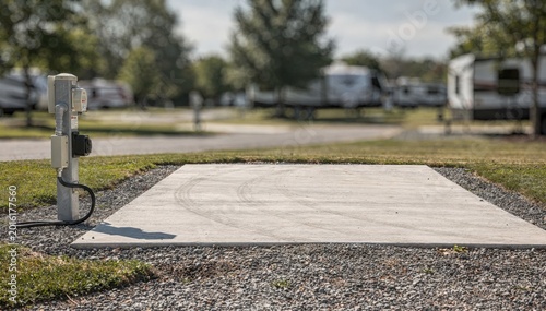 Focused medium view on a concrete pullthrough RV site showing clean hookup stations and a smooth parking pad with the background elements softly blurred.