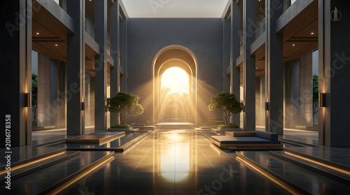 Luxurious Modern Hallway with Golden Sunlight and Elegant Archway