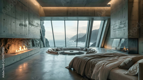 Luxury Minimalist Bedroom with Ocean View and Modern Fireplace Interior
