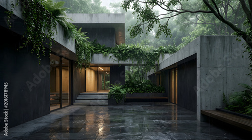 Modern Brutalist Courtyard House with Rainy Minimalist Architecture