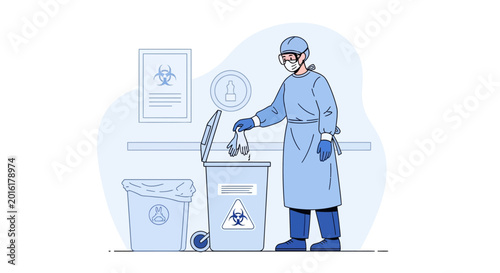 Medical professional discarding biohazard gloves into a disposal bin, emphasizing safety and hygiene.