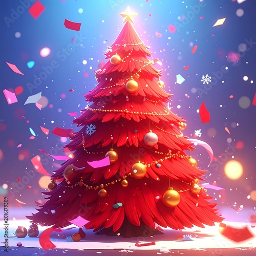 Vibrant Red Christmas Tree Illustration With Golden Baubles And Star Topper Amidst Festive Falling Confetti And Bokeh Lights On Blue Background