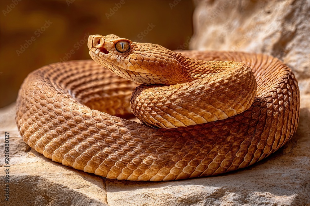 Obraz premium Venomous pit viper coiled on sun-baked desert rock, showcasing its dangerous beauty and alert posture.