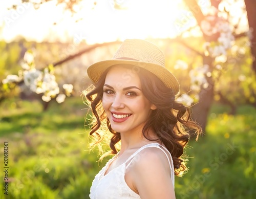 Smiling Young Woman In Straw Hat And White Dress Enjoying Spring Sunshine In Blooming Apple Orchard Garden At Sunset With Golden Hour Light Flare