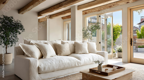 Spacious Living Room with White Sofa and Rustic Wood Beams