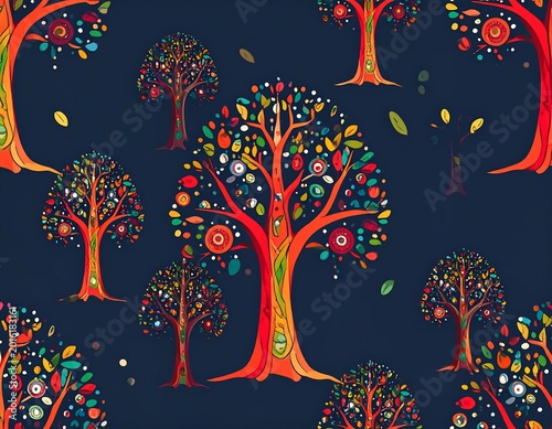 Vibrant Stylized Tree Pattern Illustration With Colorful Foliage And Intricate Decorative Details On Dark Navy Background Graphic