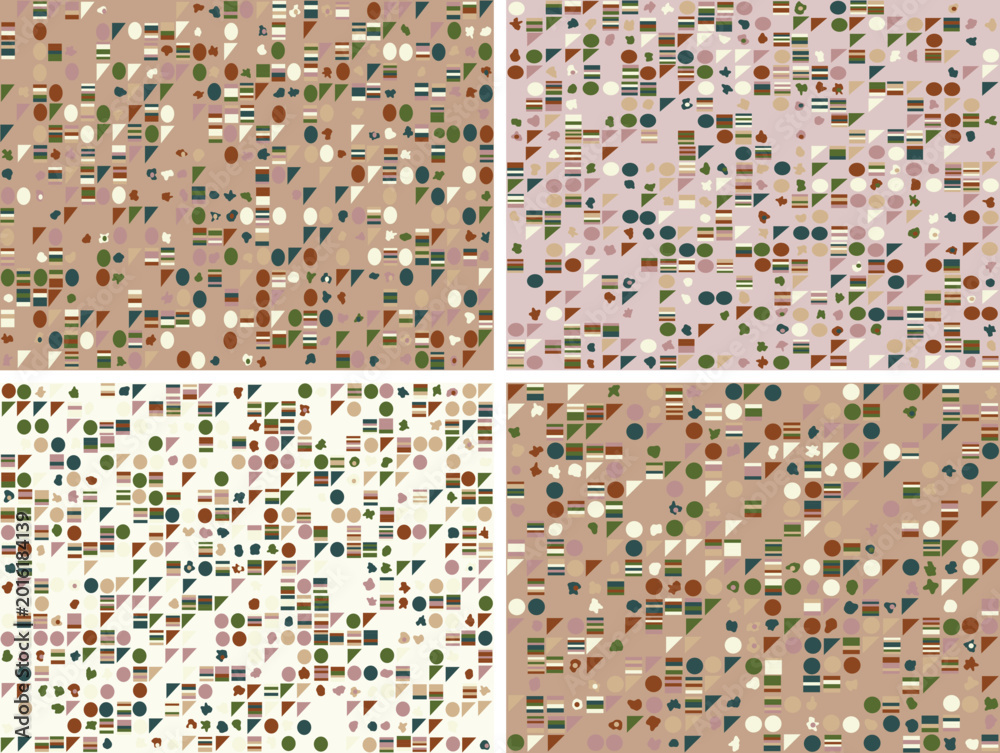 Fototapeta premium Abstract pattern of colorful geometric shapes scattered across a textured background.