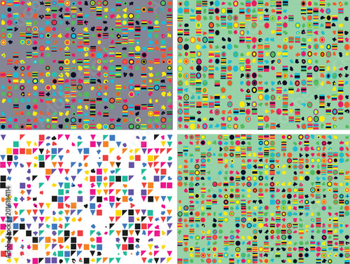 Vibrant abstract patterns created with colorful geometric shapes on different backgrounds