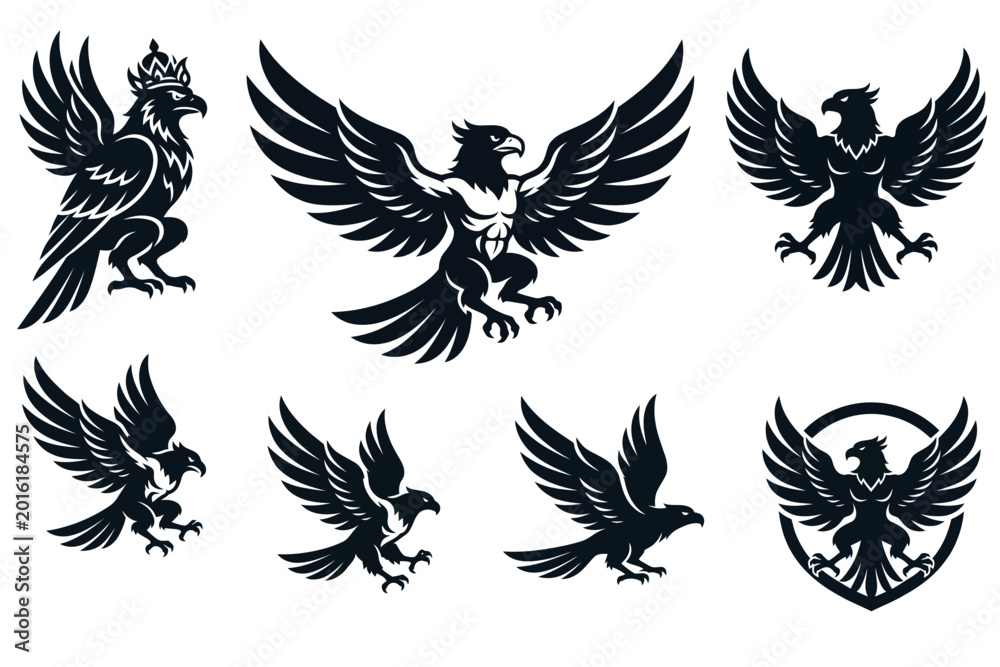 Naklejka premium Powerful Black Eagle Emblems with Spread Wings Collection