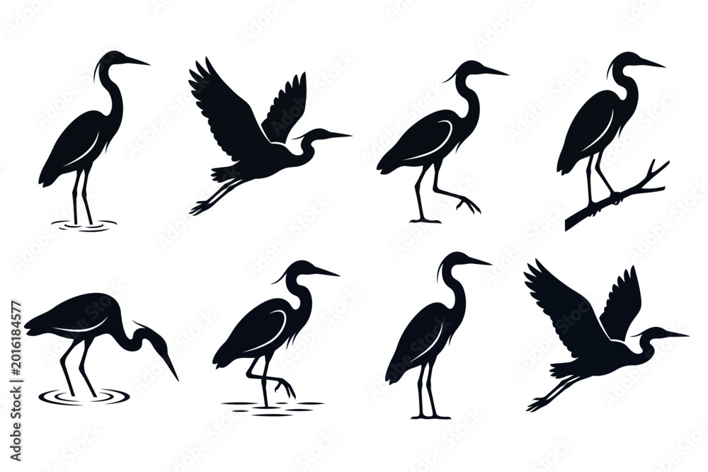 Fototapeta premium Elegant Heron and Egret Silhouette Icon Set