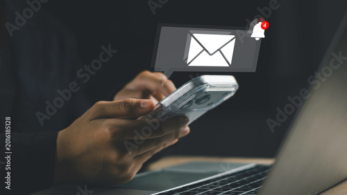Mobile notification alert with message icon and unread badge on smartphone. Digital communication, push notification system, app messaging, and user engagement concept for modern mobile technology.