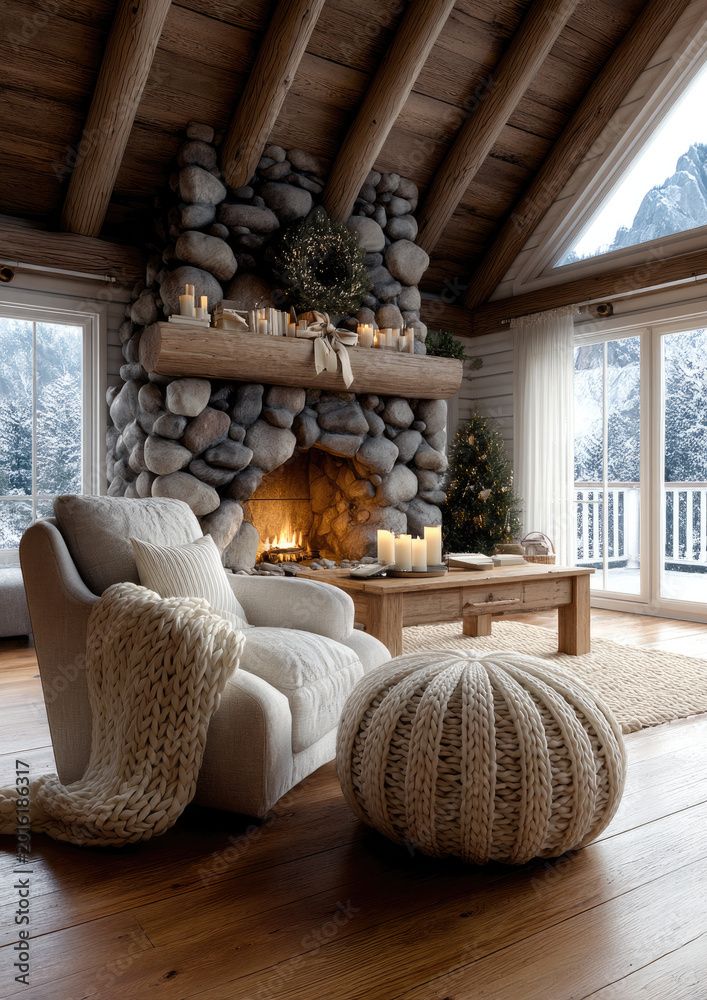Fototapeta premium Cozy armchair knitted blanket stone fireplace wooden ceiling glowing fire winter view candles rustic decor warm inviting