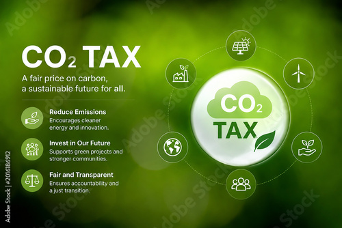 CO2 Tax Awareness Green Energy Infographic Sustainable Future with Carbon Tax Concept CO2 Reduction and Eco Friendly Innovation Visual Clean Energy and Carbon Tax Strategy Illustration