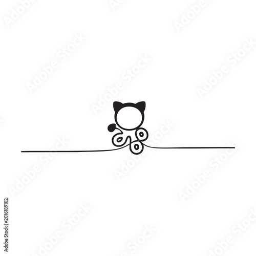 Minimalist cat head icon with curly line design and cat ears on transparent background art.