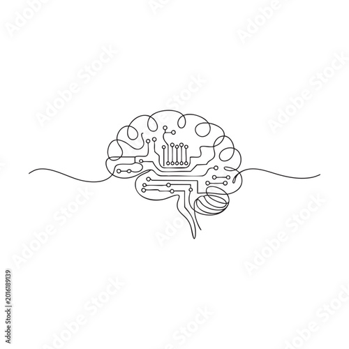 Complex brain circuit diagram in continuous line style for high tech neuro science poster.