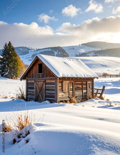 Rustic Weathered Wooden Cabin In A Snow Covered Winter Field With Rolling Hills And White Clouds Under A Bright Blue