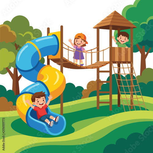 Fotografi This vibrant image showcases a colorful playground with a slide and treehouse, capturing the joy and excitement of children's playtime in a natural setting full of trees