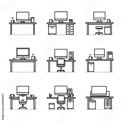 Office desks with computer setups.