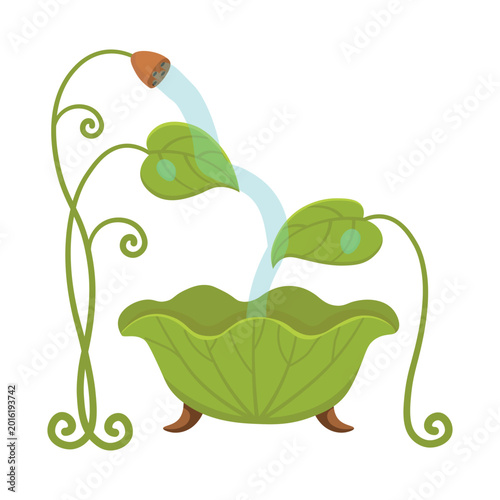 Cuadro en lienzo Fantasy leaf bathtub with magical flower shower isolated on white background
