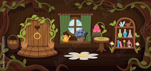 Фотография Fantasy fairy hallway interior with wooden door and magical shelves inside enchanted tree house