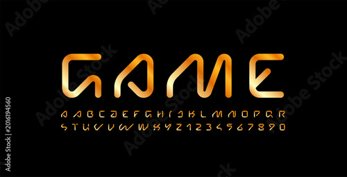 Fotografía Technical future font, thick digital cyber alphabet, golden letters from A, B, C