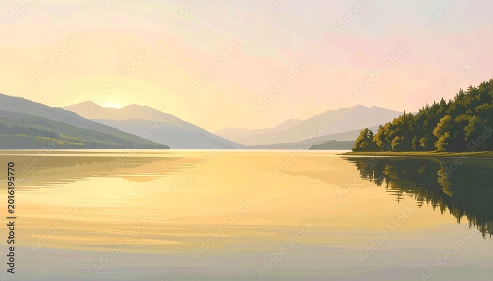 Fototapeta premium Calm lake with distant mountain peaks fading into haze and soft golden light