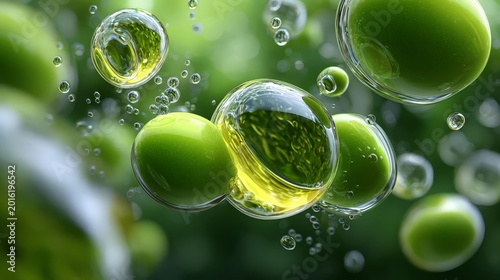 Close-up of green bubbles and droplets under light reflection.