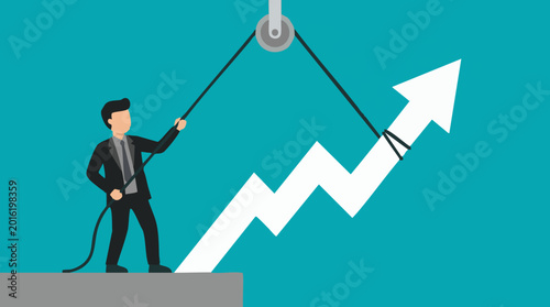 Photography Businessman pulling up a growth chart with a pulley, business success concept