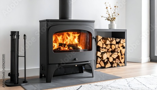 Wood burning stove with visible flames in modern living room setting