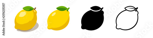 Set of four stylized lemons, including realistic, flat, silhouette, and outline icons