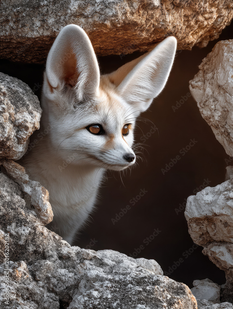 Fototapeta premium Fennec fox large ear desert animal wildlife sand alert curious mammal rock