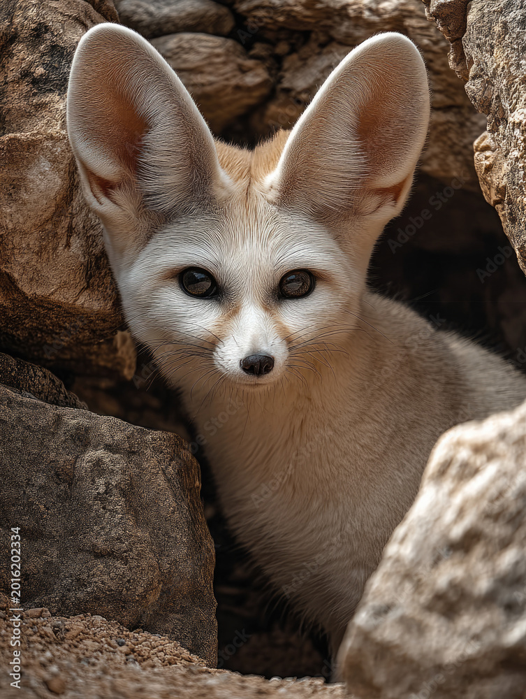 Fototapeta premium Fennec fox with large ears peeking from rocky den, sandy fur, alert expression, desert habitat, natural wildlife photography