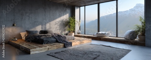 Modern minimalist bedroom with concrete walls and large window overlooking mountains.
