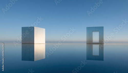 Minimalist Abstract Cubes on Reflective Water Surface Under Clear Blue Sky.