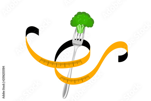 Weight loss, eat diet vector illustration. Fork with fresh broccoli and yellow measuring tape. Concept of nutrition, healthy lifestyle isolated on white background
