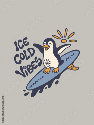 Penguin riding a blue surfboard.