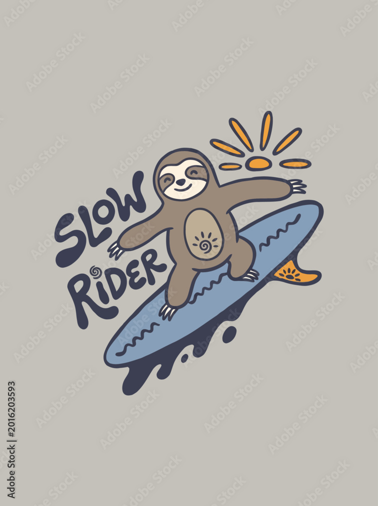 Fototapeta premium Sloth riding surfboard with smile.
