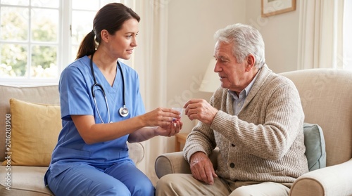 Professional Female Nurse Providing Palliative Care and Medication to Senior Caucasian Man in Living Room