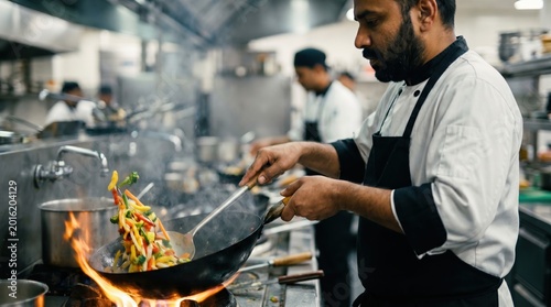 Professional Indian male chef cooking authentic Indochinese fusion stir fry in a restaurant kitchen.