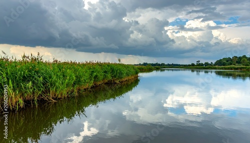 Serene river reflecting cloudy sky, flanked by lush greenery