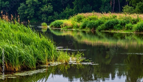 Tranquil river scene with lush green banks and reflections