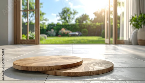 Wooden platforms overlook sunny garden through open doors