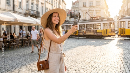 A young woman in a straw hat takes a selfie with a gimbal and smartphone on a sunny European street with trams.