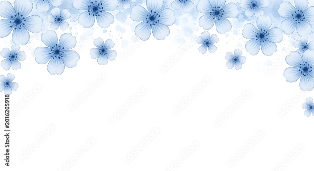 Fototapeta premium blue cherry blossoms on white background, floral border