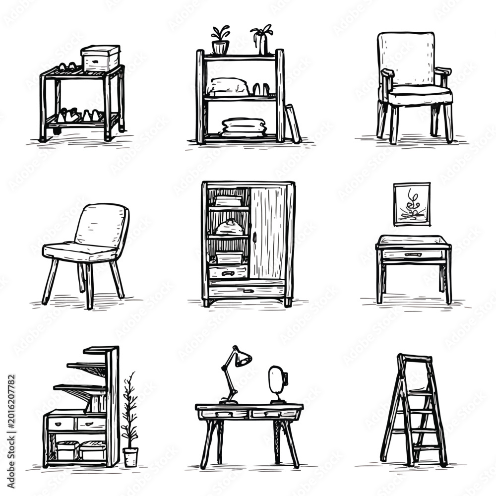 Fototapeta premium Furniture pieces in a sketch style.