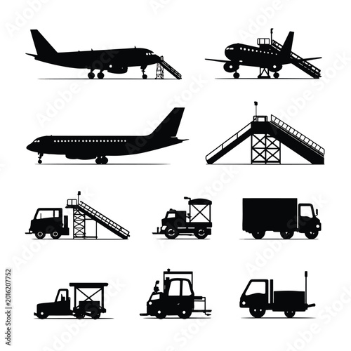 Airplane and airport vehicles silhouette.